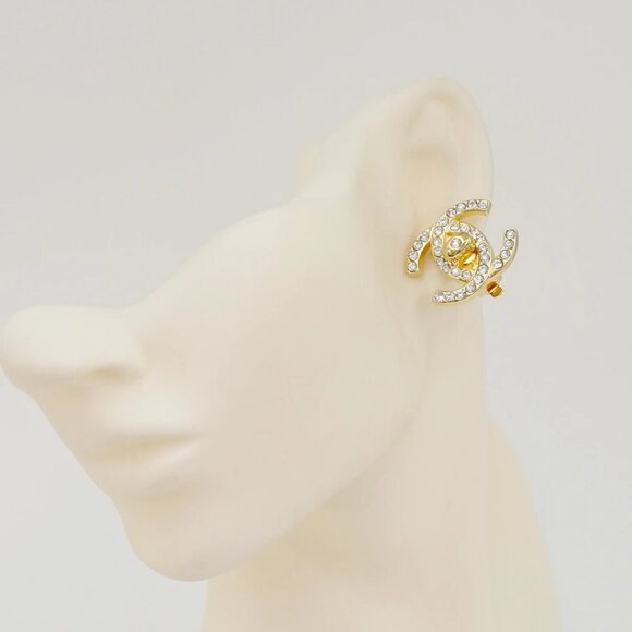 CHANEL CC Logos Rhinestone Large Turnlock Clip-On Earrings Gold Tone 96A Auth - Picture 2 of 6